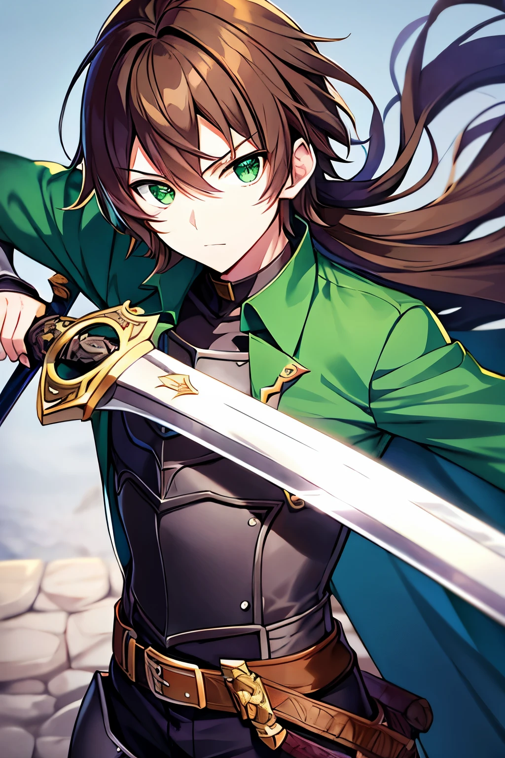 Anime knight boy with green eyes and brown hair holding his sword