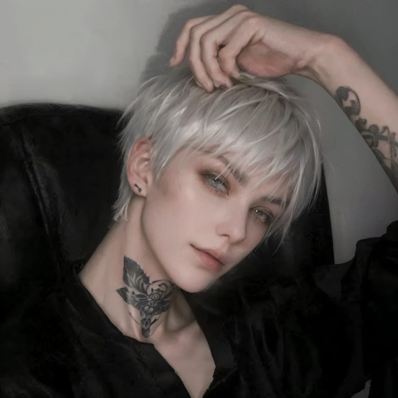 arafed woman with a tattoo on her neck and neck, short platinum hair tomboy, girl with short white hair, short white hair, white short hair, silver white hair, white hair color, attractive androgynous humanoid, an epic non - binary model, short silver hair, androgynous person, androgynous male