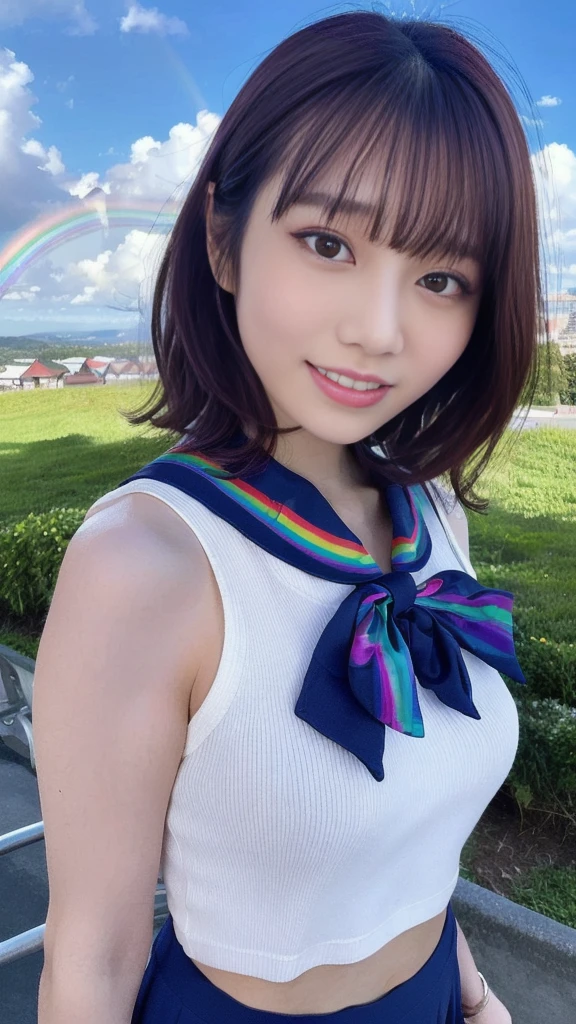 Detailed face, Cute Face, masterpiece, highest quality, Very detailed, shape, Wide-angle, (A female student is walking on a slope:1.25), alone, whole body, 20th generation, (short hair,Blue Sailor Suit,bow, Calvin Klein black stockings:1.25) ,(Sky after rain、A rainbow appears,rainbow background:1.35), composition, balance, Harmony, rhythm, color, Light, Shadow, reflection, refraction, tone, Contrast, prospect, Middle Way, background, Naturalistic, Figurative, Expressive.、(Droopy eyes, Natural Makeup、Ultra-high definition beauty face:1.25)、(Ultra high resolution perfect beautiful teeth, Mid-chest, Tight waist, smile:1.15)、Ultra HD Shining Eyes、Super high quality glossy lip