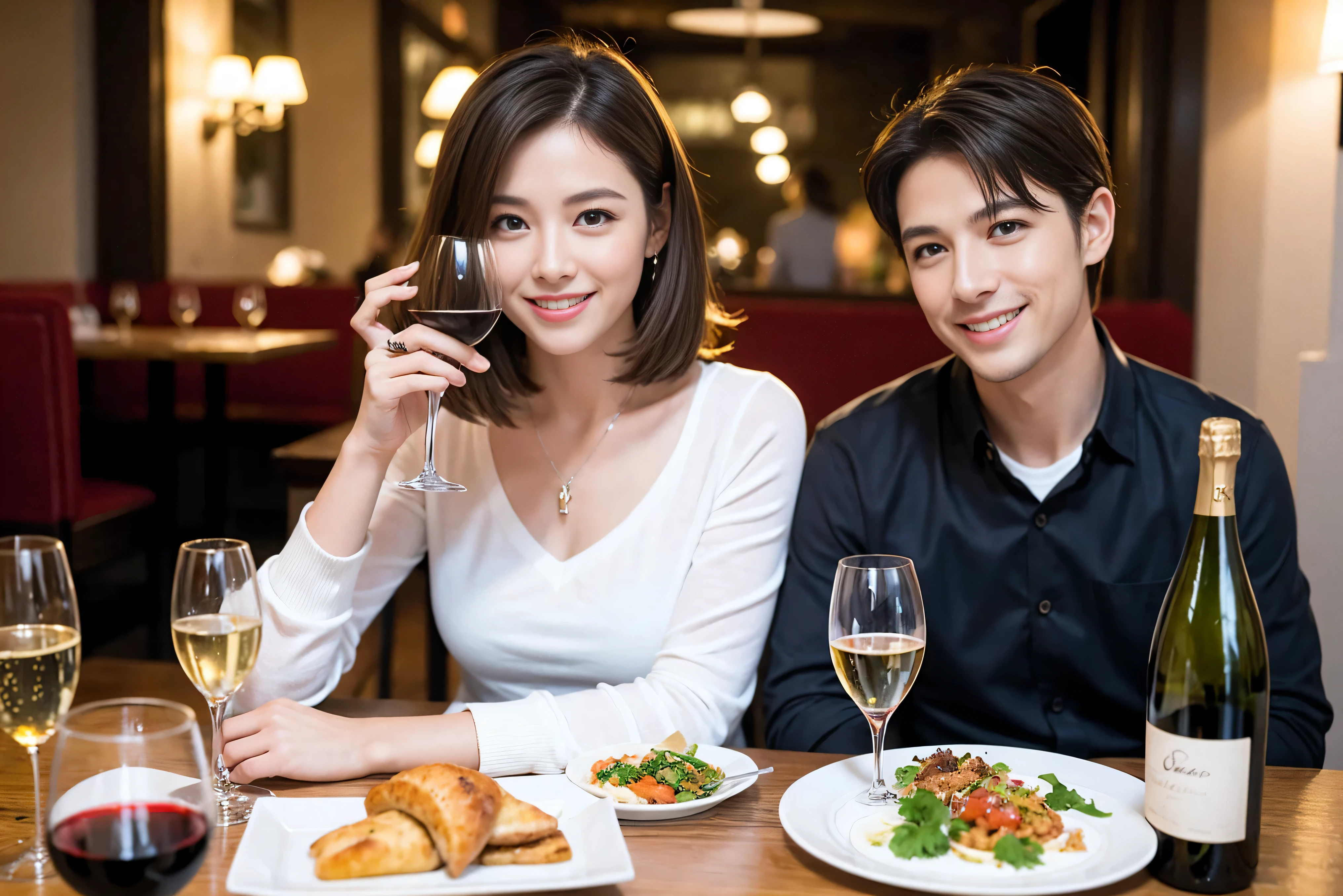 ((Highest quality、8k、masterpiece:1.3))、 (Genuineistic, Genuine、Bright image、Intricate details:1.2), 最高のsmile、1 male 1 female、Beautiful couple、spouse、fiancee、Good friends、actress couple、smile、Full-course dinner at a packed table、 (Slim face), (the body is slim), (Brown Hair), (short hair), テーブルのwine glass、Please shine a light on my face、 Amazing view of the sunset sky and clouds、 (42 years old)40 years old, red wine 、Appetizers、Wine bottle、sparkling wine、Long sleeve shirt、dress、White wine, red wine, wine glass, 