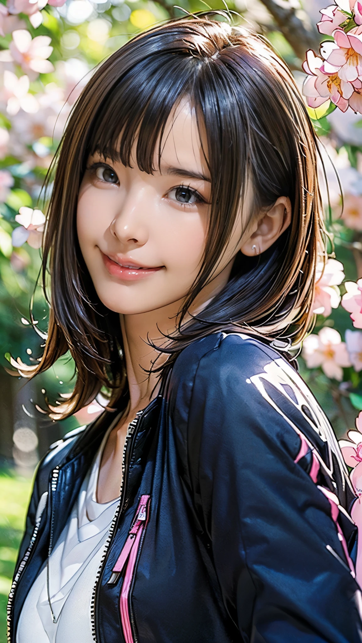 (((masterpiece:1.5),(highest quality:1.5),(Very detailed:1.5),(High resolution:1.5),(Realistic:1.5),(Photorealistic:1.5),(Delicate depiction),(Gentle colors))),8k,wallpaper,BREAK,1 girl,New female employee,(Face close-up:1.5),(front),Japanese,Short Bob,(Black Hair),(Beautiful Hair:1.5),(Shiny Hair:1.3),(Detailed hair drawing:1.2),(Peering in:1.5),(Fine skin:1.5),(Shiny skin:1.3),(Beautiful Face:1.5),(Cute Face:1.5),(smile:1.5),(Smiling with mouth closed:1.5),(Beautiful Teeth),((Wearing a stylish jacket:1.5)),((Wearing a cute shirt:1,5)),(Vivid clothing drawings),(Spring background:1.5),(Gentle sunlight through the trees:1.5),(((Blur the background:1.5)))