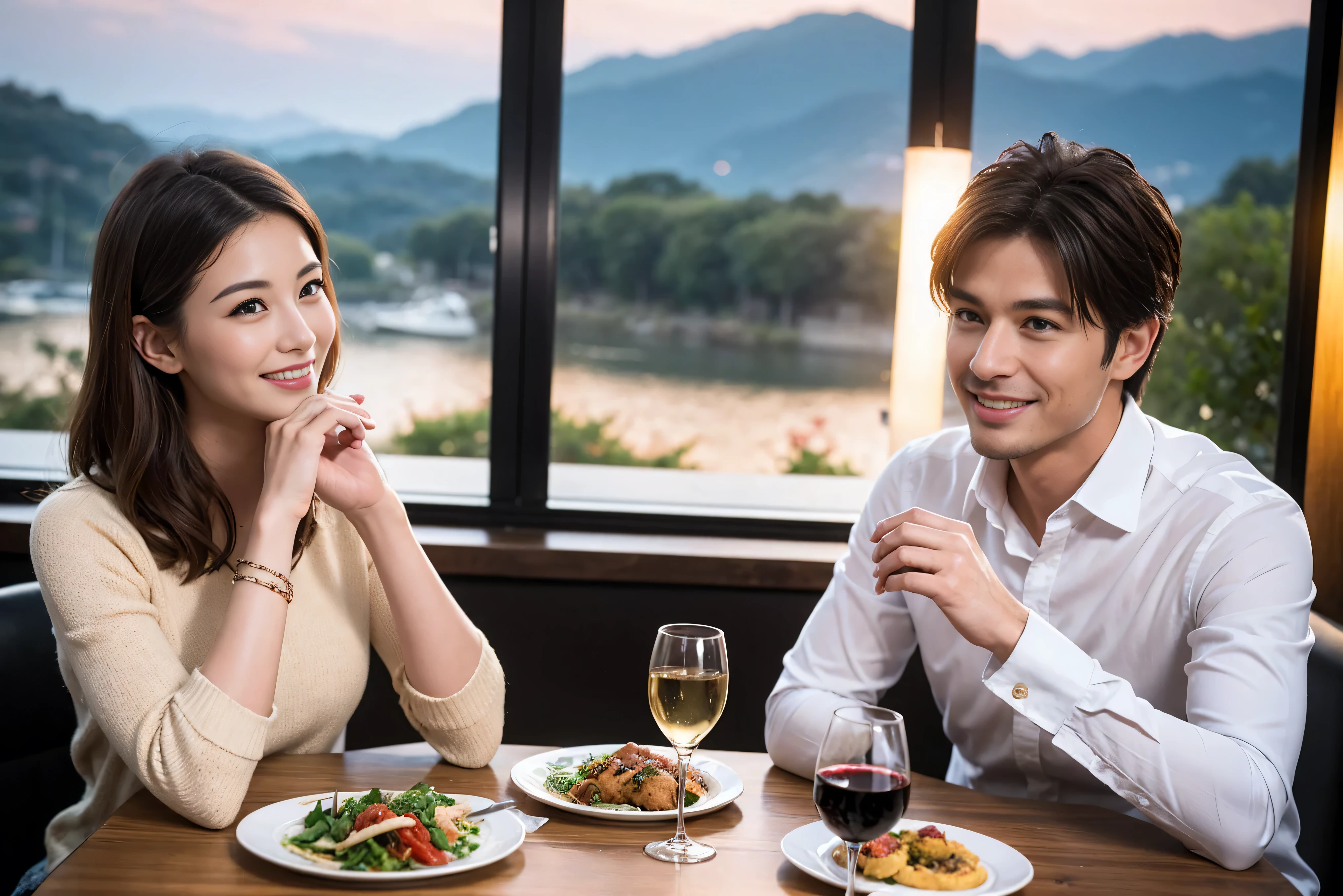 ((highest quality、8k、masterpiece:1.3))、1 male 1 female、lover、spouse、Beautiful couple、Smiling beauty、full-course dinner、 (Slim face), (the body is スリム), (Brown Hair), (Shortcuts), Wine glass on the table、Please shine a light on my face、 Amazing view of the sunset sky and clouds、The beauty of a smile、Shortcuts,Bright Face、 (42 years old), 39 years old, red wine 、Appetizers、Italian food、Wine bottle、Champagne、sparkling wine、Long sleeve shirt、dress、restaurant, actress, model, Upper Body, White wine, red wine, wine glass, 