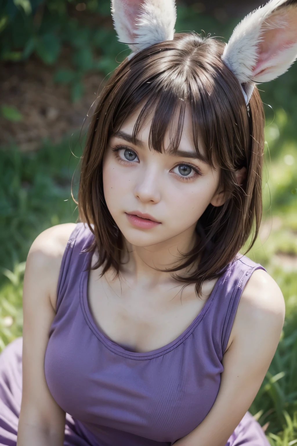 (a beautiful girl with rabbit ears), short messy brown hair, head tilted, (best quality,4k,8k,highres,masterpiece:1.2),ultra-detailed,(realistic,photorealistic,photo-realistic:1.37),intricate, detailed portrait,8K,((masterpiece)), ((best quality)), (ultra-detailed), High detail, professional photograph, highest quality, floating hair, beautiful detailed, (((realistic))), hyper realistic character,natural lighting ,beautiful detailed eyes,1girl, solo,blunt bangs, realistic, (sleeveless tight purple dress so tight that it sticks to the body:1.3),((big breasts)),((Bird's-eye view)),Arms crossed