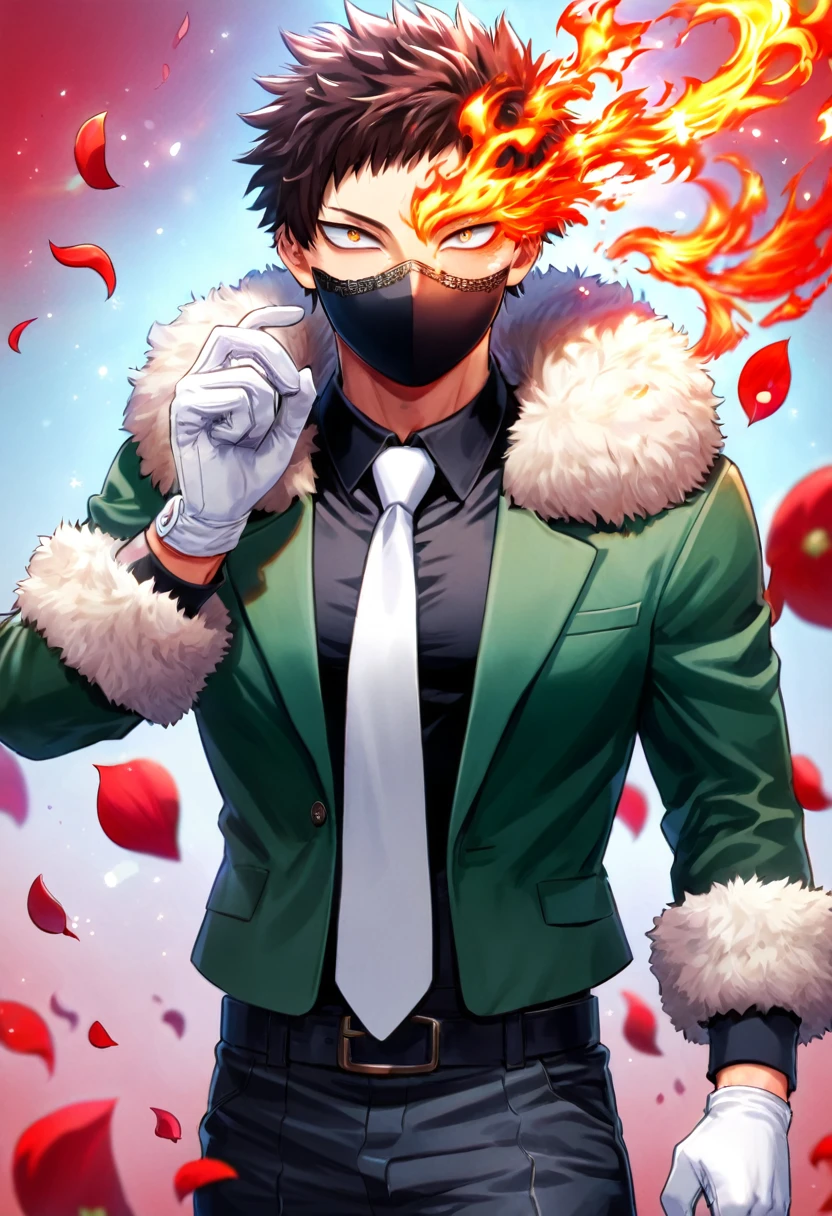 Ultra detailed, Highres, absurdres, HDR, Chisaki Kai, Overhaul, dark brown hair, short hair, short bangs, expressive golden eyes, Boku No Hero Academia, red flowers, petals, handsome, sexy man, solo, very detailed eyes and face, glittering, master piece, toned chest, fantasy, cross, best quality, dark oliver-green jacket with fur, white necktie, black shirt, white gloves, red background, fire, black pants, black face mask