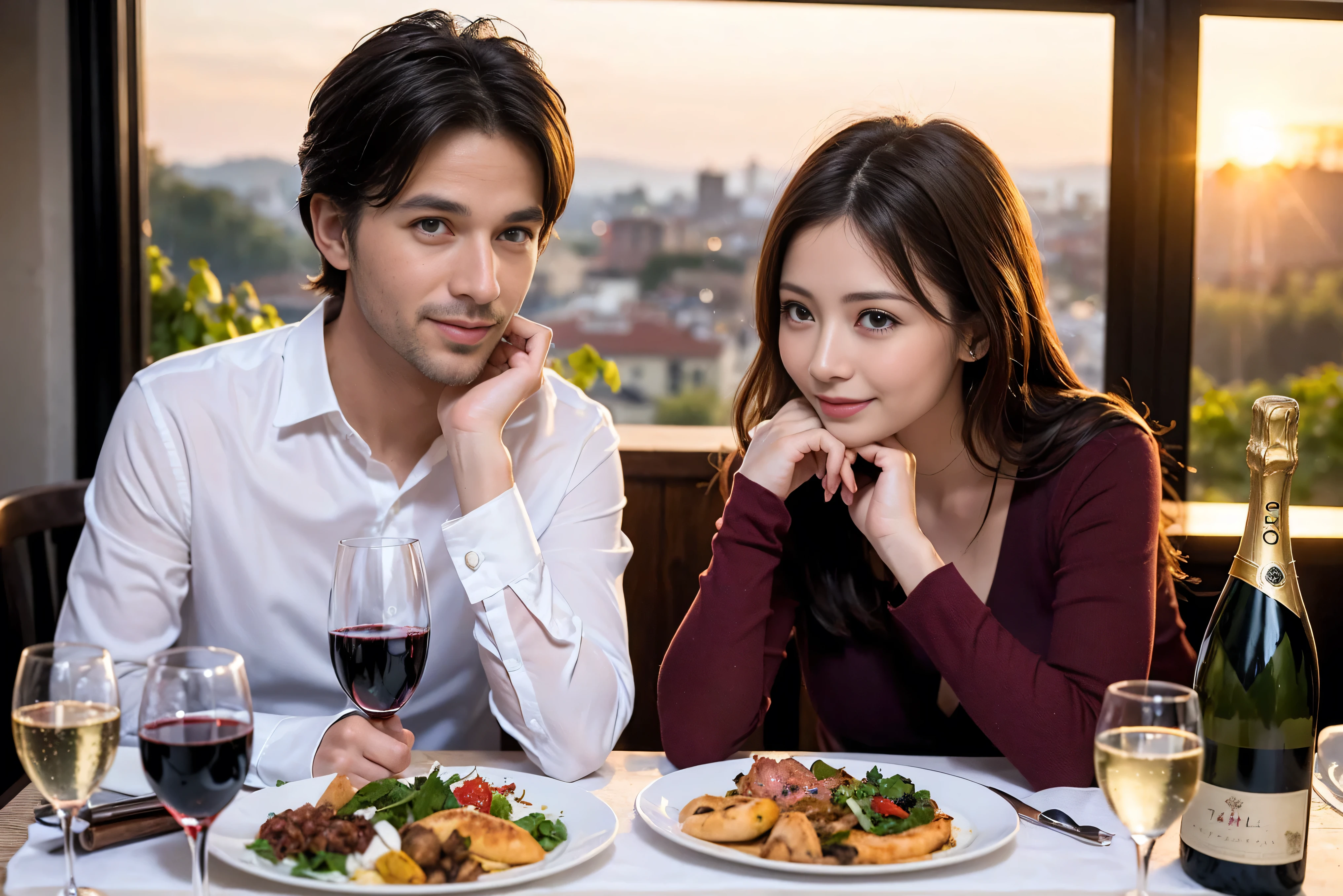 ((highest quality、8k、masterpiece:1.3))、1 male 1 female、A lover who resembles Satomi Ishihara、Beautiful couple、smile、full-course dinner、 (Slim face), (the body is スリム), (Brown Hair), (Shortcuts), ((Bob Hale、Wine glass on the table、Please shine a light on my face、 Amazing view of the sunset sky and clouds、 (Age 37), 39 years old, red wine 、Appetizers、Italian food、Wine bottle、Champagne、sparkling wine、Long sleeve shirt、dress、White wine, red wine, wine glass,