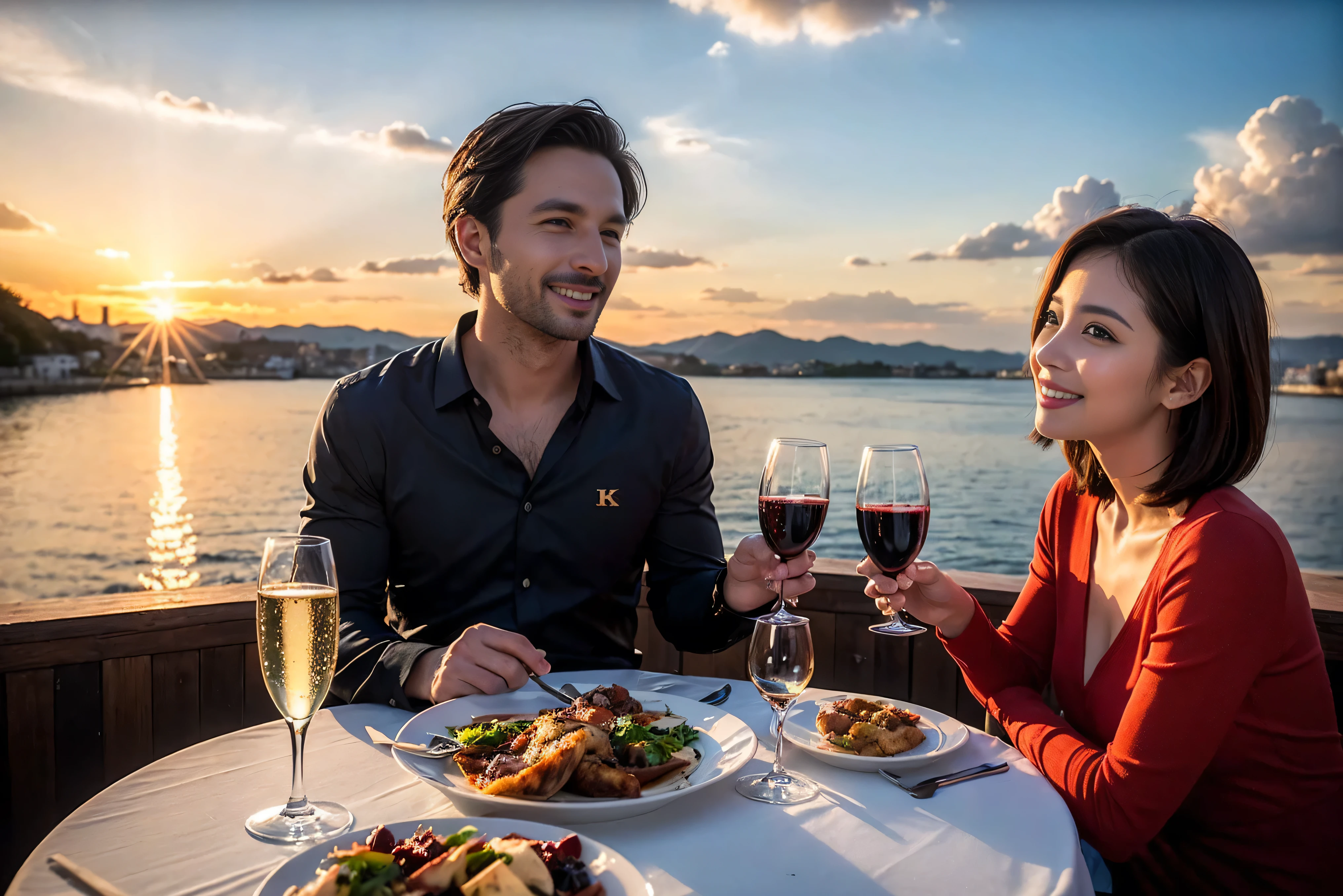 ((highest quality、8k、masterpiece:1.3))、1 male 1 female、A lover who resembles Satomi Ishihara、Beautiful couple、smile、full-course dinner、 (Slim face), (the body is スリム), (Brown Hair), (Shortcuts), ((Bob Hale、Wine glass on the table、Please shine a light on my face、 Amazing view of the sunset sky and clouds、 (Age 37), 39 years old, red wine 、Appetizers、Italian food、Wine bottle、Champagne、sparkling wine、Long sleeve shirt、dress、White wine, red wine, wine glass,