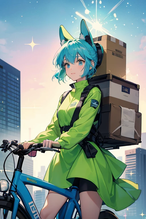she has a green body and blue head with two ears. sHe wears a black helmet that covers her ears and carries a food delivery box on her back. sHe can be seen riding a blue and pink bicycle when delivering food and usually gets off the bike to hand the food over to the customer. SPARKLE; GLITTER