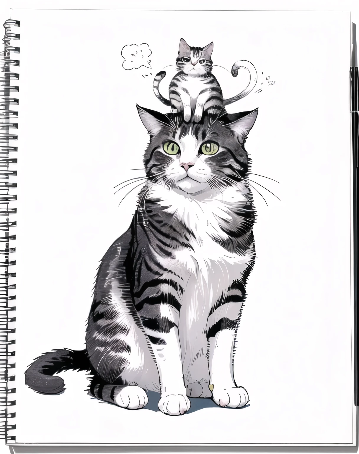 /I angry, annoyed cat with canary on its head hand drawn by Anna Haifisch, in the style of minimalistic line art drawings, white background, ultrafine detail, creative commons attribution, mori kei, painted illustrations, serene faces --relax