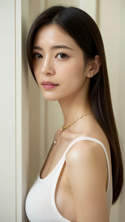 (Highly realistic photos, High resolution, Detailed face, Fine Eyes), Japanese women, 40 years old, A variety of expressions, alone:1, Slim figure, Various Hair Styles, Casual clothing, one in the photo、topless、Photographed in natural light、White wall、In front of a white door、(窓のあるWhite wallの部屋)、Simple Necklace、Don&#39;t look at the camera、profile、Dark brown hair color