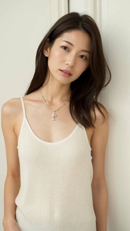 (Highly realistic photos, High resolution, Detailed face, Fine Eyes), Japanese women, 40 years old, A variety of expressions, alone:1, Slim figure, Various Hair Styles, Casual clothing, one in the photo、topless、Photographed in natural light、White wall、In front of a white door、(窓のあるWhite wallの部屋)、Simple Necklace、Don't look at the camera、profile、Dark brown hair color