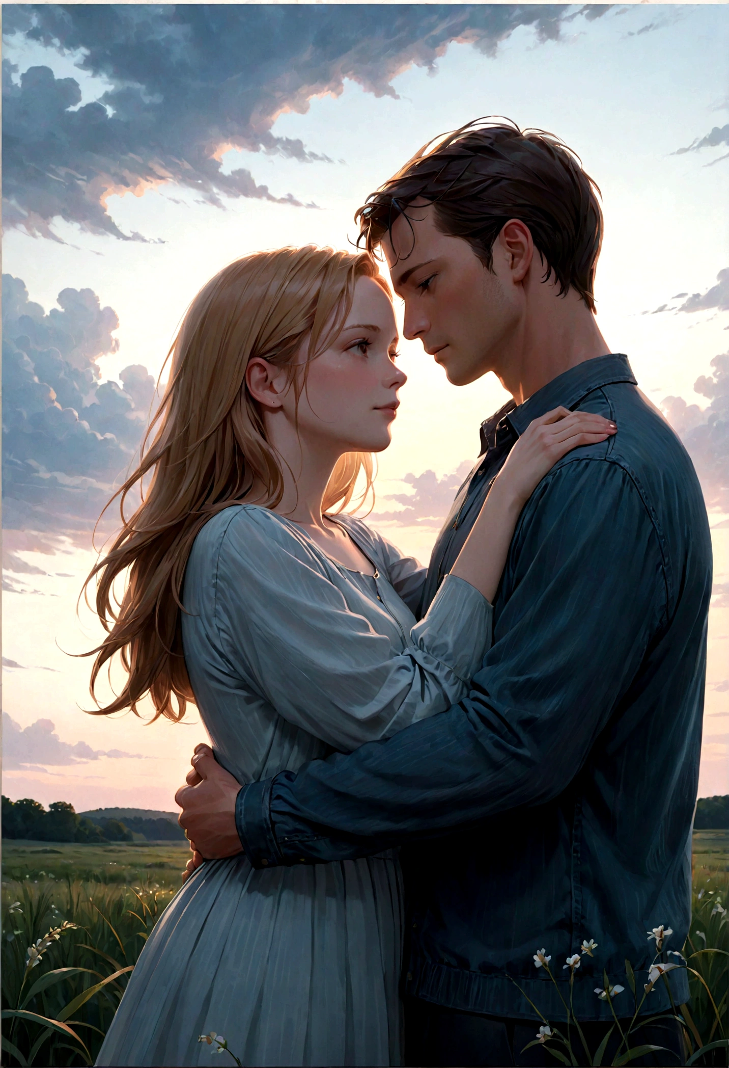 Jack and Diane, a couple embracing, muted colors, soft lighting, early summer sky,