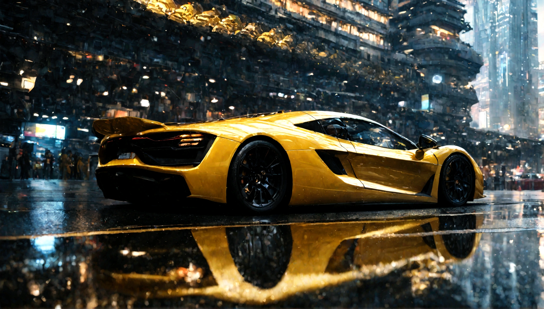 a beautiful yellow supercar, city of tokyo in the background, detailed high resolution photo, cinematic lighting, 8k, photorealistic, dynamic composition, vibrant colors, reflection on the car body, depth of field, realistic textures, intricate details, sleek design, futuristic architecture, ultrawide angle, dramatic sky