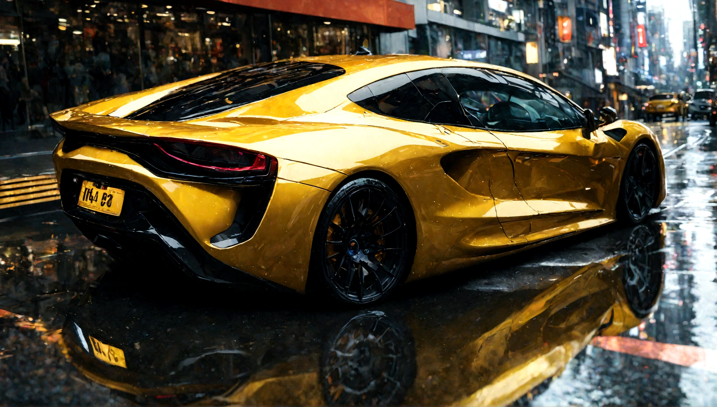 a beautiful yellow supercar, city of tokyo in the background, detailed high resolution photo, cinematic lighting, 8k, photorealistic, dynamic composition, vibrant colors, reflection on the car body, depth of field, realistic textures, intricate details, sleek design, futuristic architecture, ultrawide angle, dramatic sky