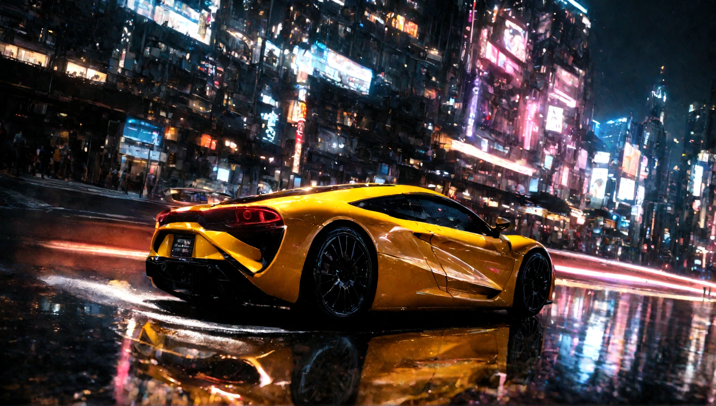 a beautiful yellow supercar, city of tokyo in the background, detailed high resolution photo, cinematic lighting, 8k, photorealistic, dynamic composition, vibrant colors, reflection on the car body, depth of field, realistic textures, intricate details, sleek design, futuristic architecture, ultrawide angle, dramatic sky
