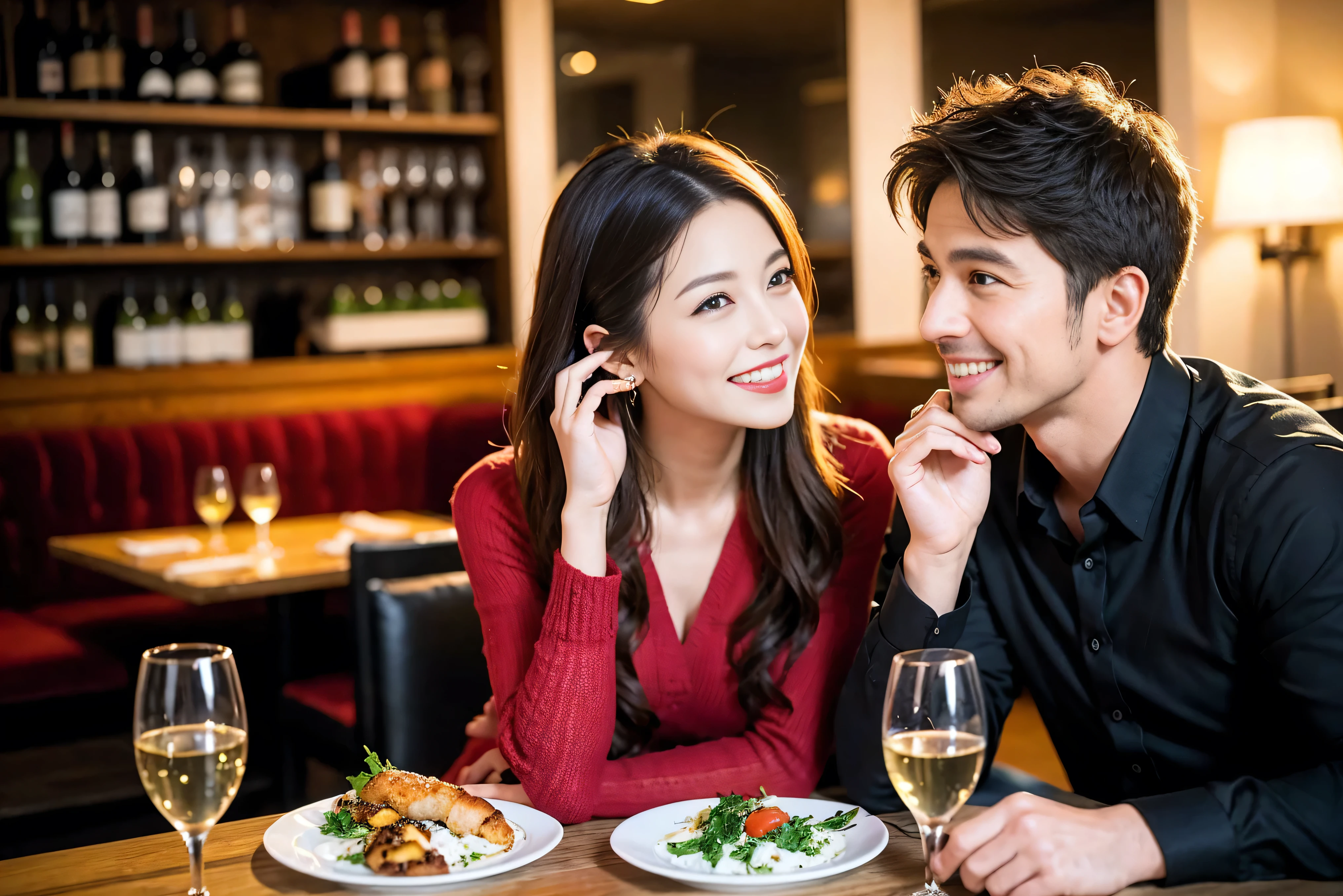 ((highest quality、8k、masterpiece:1.3))、1 male 1 female、lover、spouse、Beautiful couple、Smiling beauty、full-course dinner、 (Slim face), (the body is スリム), (Brown Hair), (Shortcuts), Wine glass on the table、Please shine a light on my face、 Amazing view of the sunset sky and clouds、The beauty of a smile、Shortcuts,Bright Face、 (42 years old), 39 years old, red wine 、Appetizers、Italian food、Wine bottle、Champagne、sparkling wine、Long sleeve shirt、dress、restaurant, actress, model, Upper Body, White wine, red wine, wine glass,