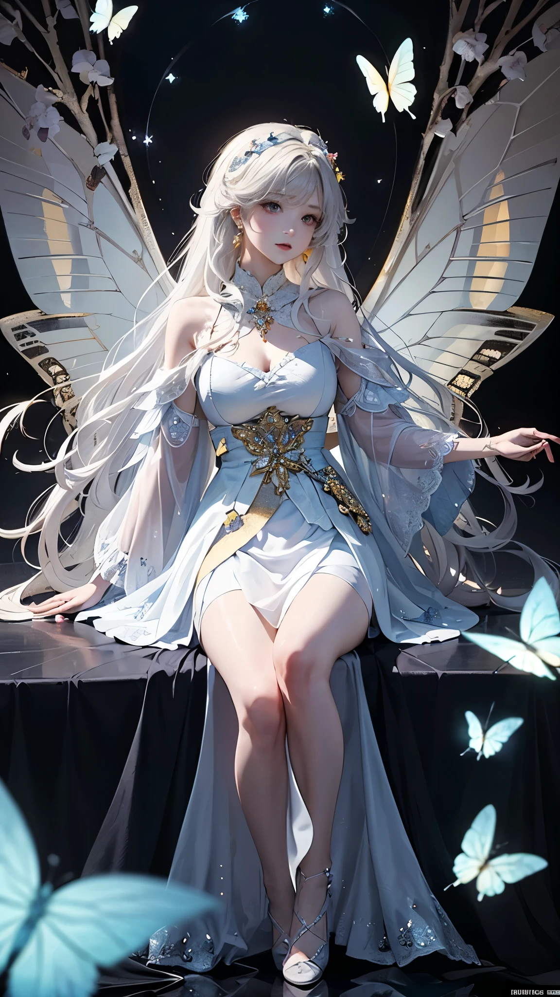 White hair , (((White luminous dress , White giant dress , Dress glitter , dress ))) ,Beautiful dance dynamics , Long legs , small thighs((Huge long white hair，Glowing coat , Long flowing hair))offcial art , Unity8k wallpaper , Ultra detailed , Beautiful and beautiful , Masterpiece , Best quality ,Realistic((Huge long white hair，Glowing coat , ))Masterpiece , Best quality , Ultra-detailed , very detailed illustration ,Extremely detailed , Intricate details , .White luminous dress , White giant dress , Dress sequins , Dress made of aurora , ultra intricately detailed , Very detailed 8KCG wallpaper , Cowboy shot , Caustics .Reflection , Ray tracing , Demon Theme ,Starcloud ,Dark aura, cyber effect , (1girll:1.4)Solo , Little blue butterfly , Surrounded by dozens of monarch butterflies , Huge long white hair shiny quilt hair , (Blue plasma flame , (insect , Butterflies))Long blue crystal dress , There are butterflies on the huge skirt , .Holy Light Butterfly Angel , Butterfly wings , in the style of rococo pastel hues ,Light white and light dark red , unbelievable beautiful , Cherry blossoms , sparkling water reflections , Soyuz , Flowing , Surreal ,Painting , Ethereal , Elsa Bleda , stockphoto, Mixed reality and fantasy elements ,vray tracing , Intricate patterns , delicated lines , made of crystals , Refine your hands ,Refine your hands , Refine your hands, Starry , Colorful , stars , (sharp focus on face) , (foreshortening:1.1 Omitted_above:0.3 , fish eye:1.1)