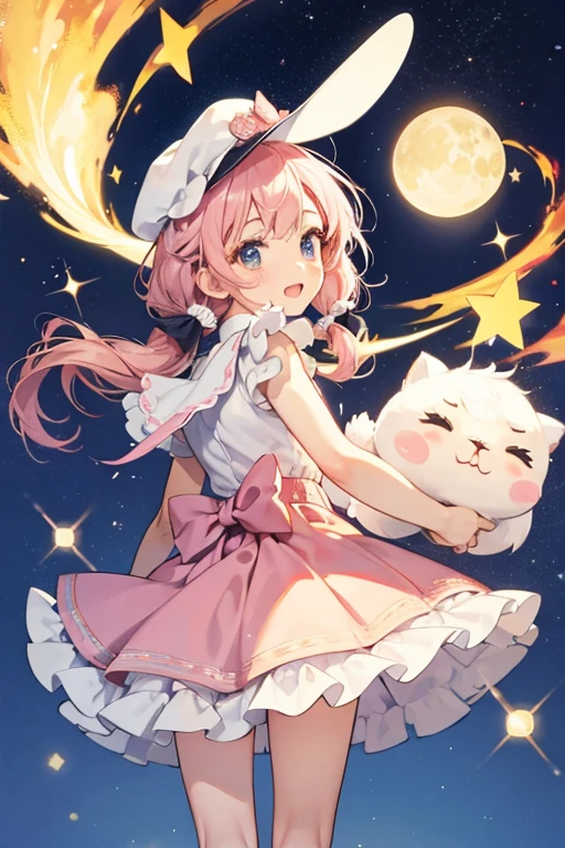 Mimifuwatchi resembles a small, light pink hat shaped a Mame cap, with frills on the bottom, rosy cheeks, and two tiny Memetchi-like legs. SPARKLE; GLITTER
