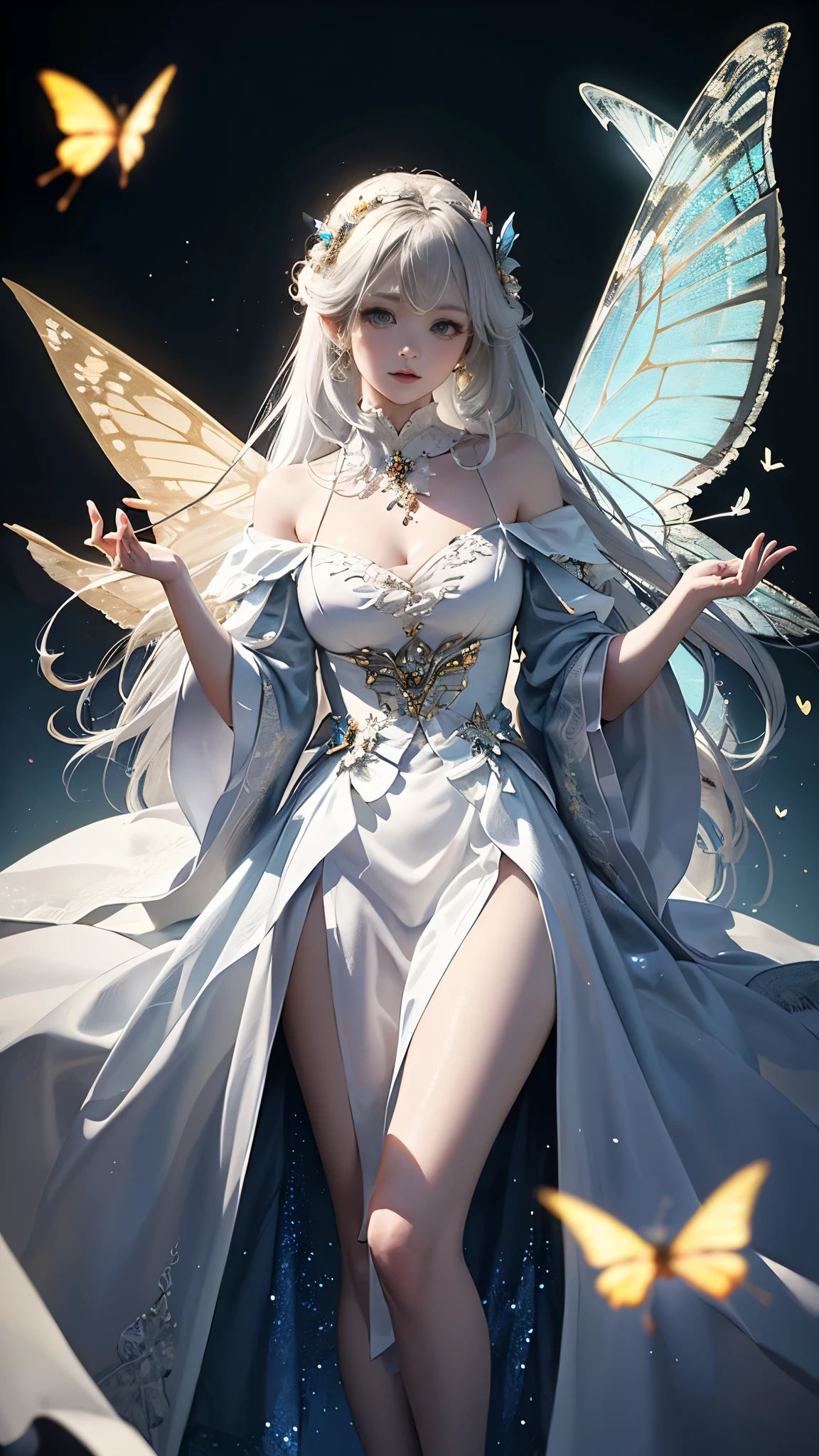 White hair , (((White luminous dress , White giant dress , Dress glitter , dress ))) ,Beautiful dance dynamics , Long legs , small thighs((Huge long white hair,Glowing coat , Long flowing hair))offcial art , Unity8k wallpaper , Ultra detailed , Beautiful and beautiful , Masterpiece , Best quality ,Realistic((Huge long white hair,Glowing coat , ))Masterpiece , Best quality , Ultra-detailed , very detailed illustration ,Extremely detailed , Intricate details , .White luminous dress , White giant dress , Dress sequins , Dress made of aurora , ultra intricately detailed , Very detailed 8KCG wallpaper , Cowboy shot , Caustics .Reflection , Ray tracing , Demon Theme ,Starcloud ,Dark aura, cyber effect , (1girll:1.4)Solo , Little blue butterfly , Surrounded by dozens of monarch butterflies , Huge long white hair shiny quilt hair , (Blue plasma flame , (insect , Butterflies))Long blue crystal dress , There are butterflies on the huge skirt , .Holy Light Butterfly Angel , Butterfly wings , in the style of rococo pastel hues ,Light white and light dark red , unbelievable beautiful , Cherry blossoms , sparkling water reflections , Soyuz , Flowing , Surreal ,Painting , Ethereal , Elsa Bleda , stockphoto, Mixed reality and fantasy elements ,vray tracing , Intricate patterns , delicated lines , made of crystals , Refine your hands ,Refine your hands , Refine your hands, Starry , Colorful , stars , (sharp focus on face) , (foreshortening:1.1 Omitted_above:0.3 , fish eye:1.1)