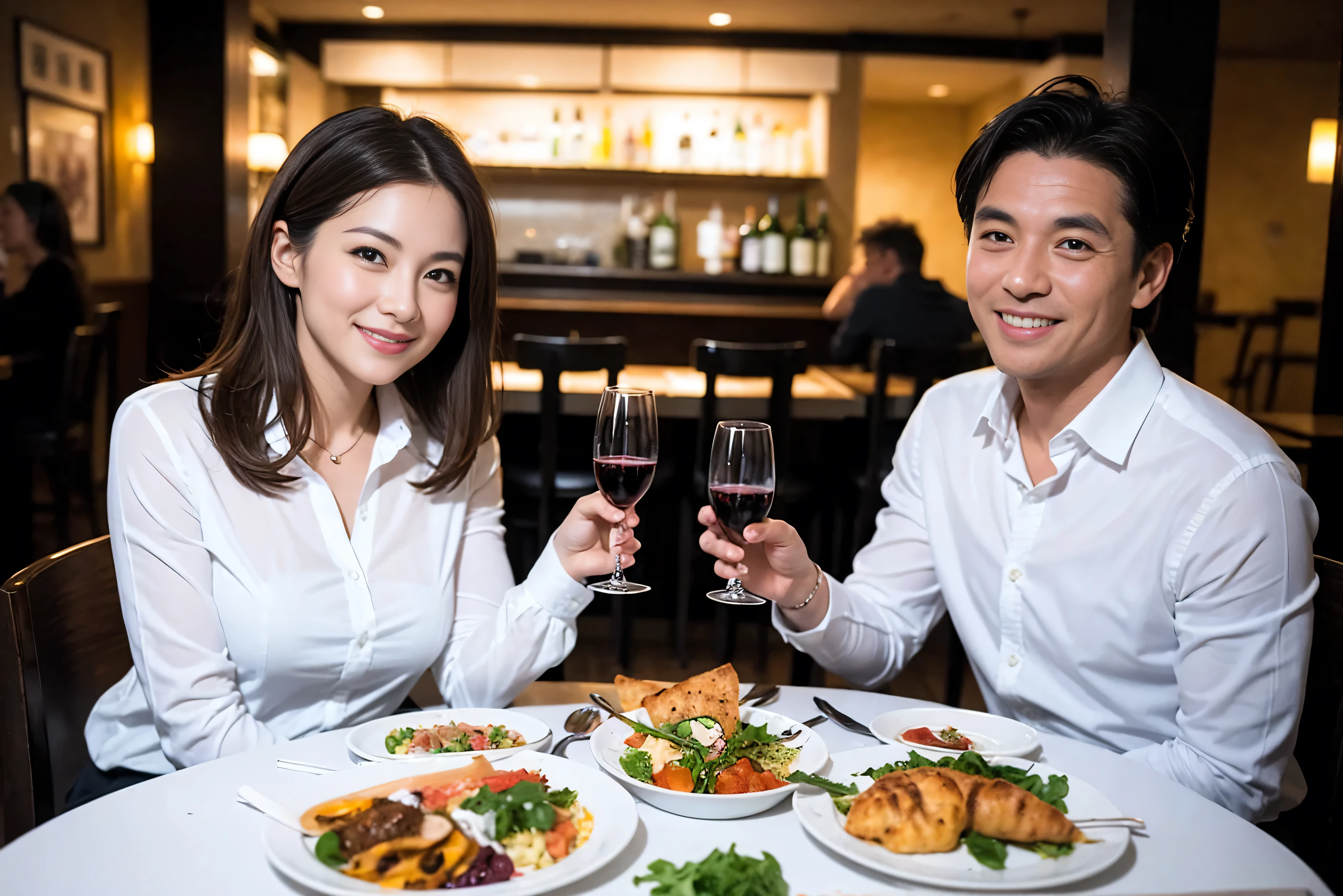 ((highest quality、8k、masterpiece:1.3))、1 male 1 female、lover、spouse、Beautiful couple、Smiling beauty、full-course dinner、 (Slim face), (the body is スリム), (Brown Hair), (Shortcuts), Wine glass on the table、Please shine a light on my face、 Amazing view of the sunset sky and clouds、The beauty of a smile、Shortcuts,Bright Face、 (42 years old), 39 years old, red wine 、Appetizers、Italian food、Wine bottle、Champagne、sparkling wine、Long sleeve shirt、dress、restaurant, actress, model, Upper Body, White wine, red wine, wine glass,