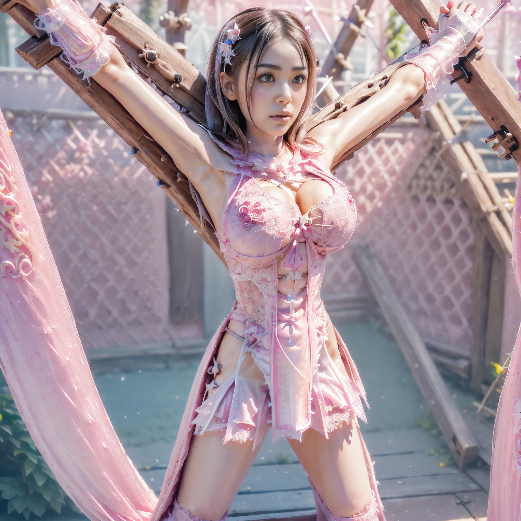 Highest quality, masterpiece, Very detailed, 8K,  beautiful Japanese woman:1.5, Small face, blunt bangs, Black hair ponytail, ((Woman crucified on the cross:1.5, Breast Augmentation Surgery)), (Detailed pink magical girl heroine costume:1.5), remote_play, remote_Vibrate、　(climax:1.5)