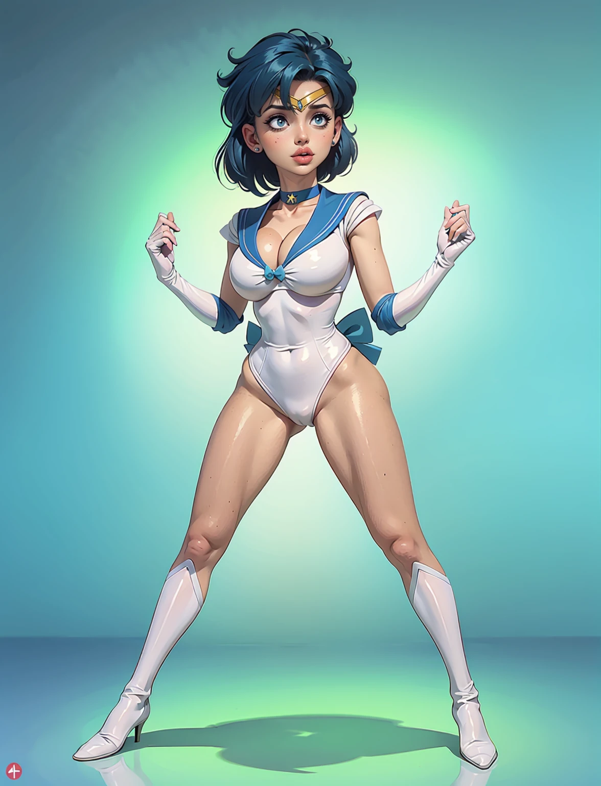 ((masterpiece)), ((best quality)), (detailed), perfect, solo, gorgeous woman, luscious lips, long hair, deep cleavage, sexy, mer1, tiara, sailor senshi uniform, blue sailor collar, bow, knee boots, choker, white gloves, blue choker, elbow gloves, jewelry, earrings, white leotard, sticker, full body, white background: 1.3, face detail