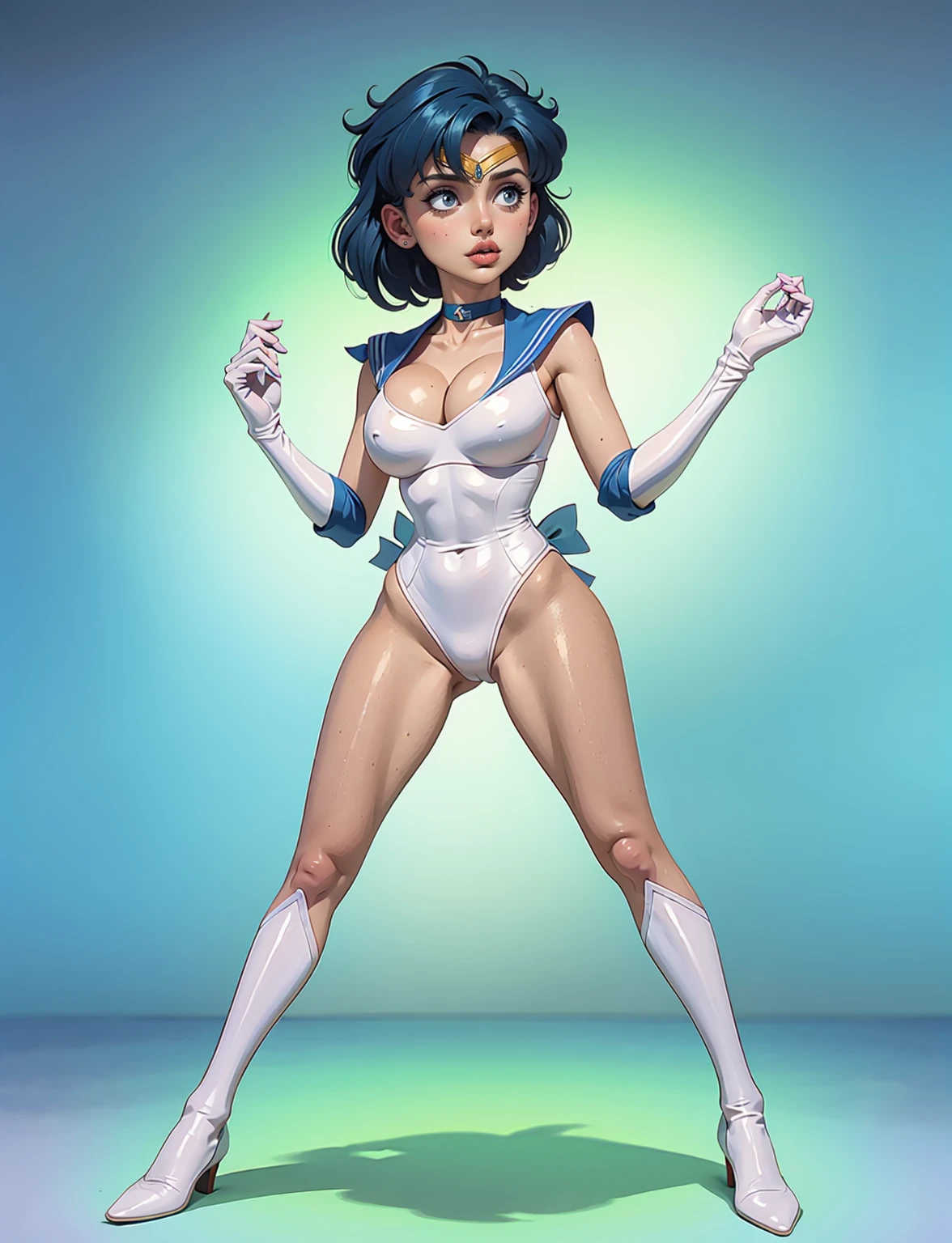 ((masterpiece)), ((best quality)), (detailed), perfect, solo, gorgeous woman, luscious lips, long hair, deep cleavage, sexy, mer1, tiara, sailor senshi uniform, blue sailor collar, bow, knee boots, choker, white gloves, blue choker, elbow gloves, jewelry, earrings, white leotard, sticker, full body, white background: 1.3, face detail
