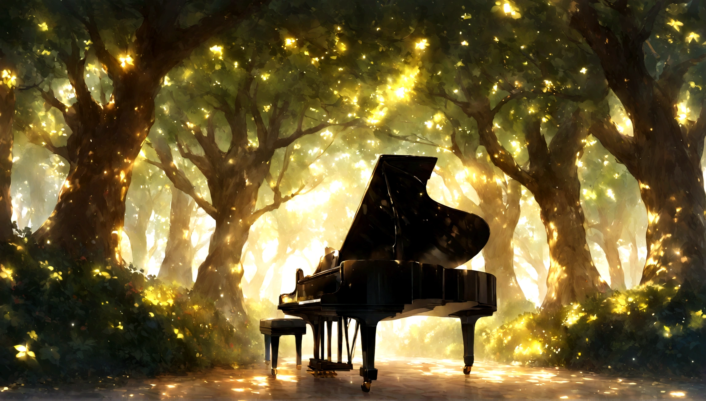 １A grand piano placed under a large book tree、The sunlight filtering through the trees makes it sparkle.