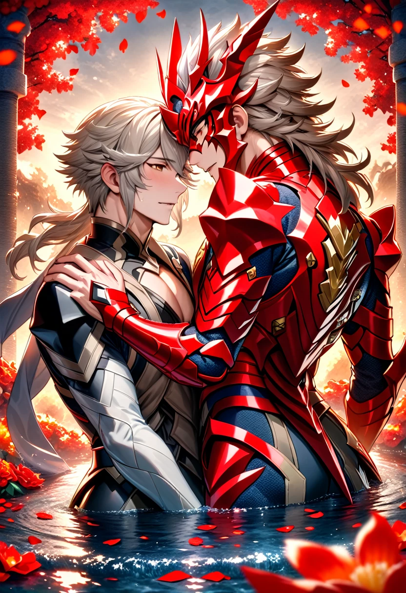 absurdres, highres, ultra detailed, HDR, master piece, best quality, Ryoma, brown long hair, expressive brown eyes, fire emblem fates, Corrin, white short hair, expressive red eyes, two sexy men together, gay couple, yaoi, handsome, water, red butterflies, red flowers, red petals
