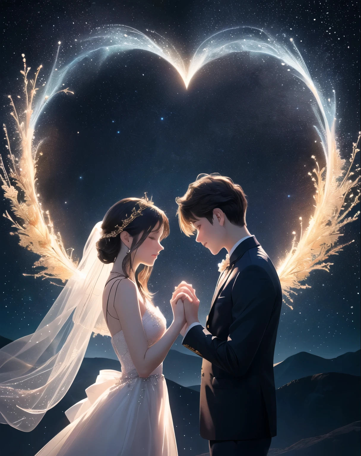 /I Modify the existing celestial themed image by adding a small  to the scene inside the heart made of stars. The  should be positioned near the couple, ideally holding hands with them or standing between them, rendered in the same golden, sparkling style as the parents. The child's figure should blend harmoniously with the overall scene, enhancing the feeling of a united family. The stars forming the heart should continue to swirl around them, emphasizing a magical and intimate atmosphere. Ensure that the overall composition remains balanced and visually captivating, preserving the ethereal and romantic quality of the original image