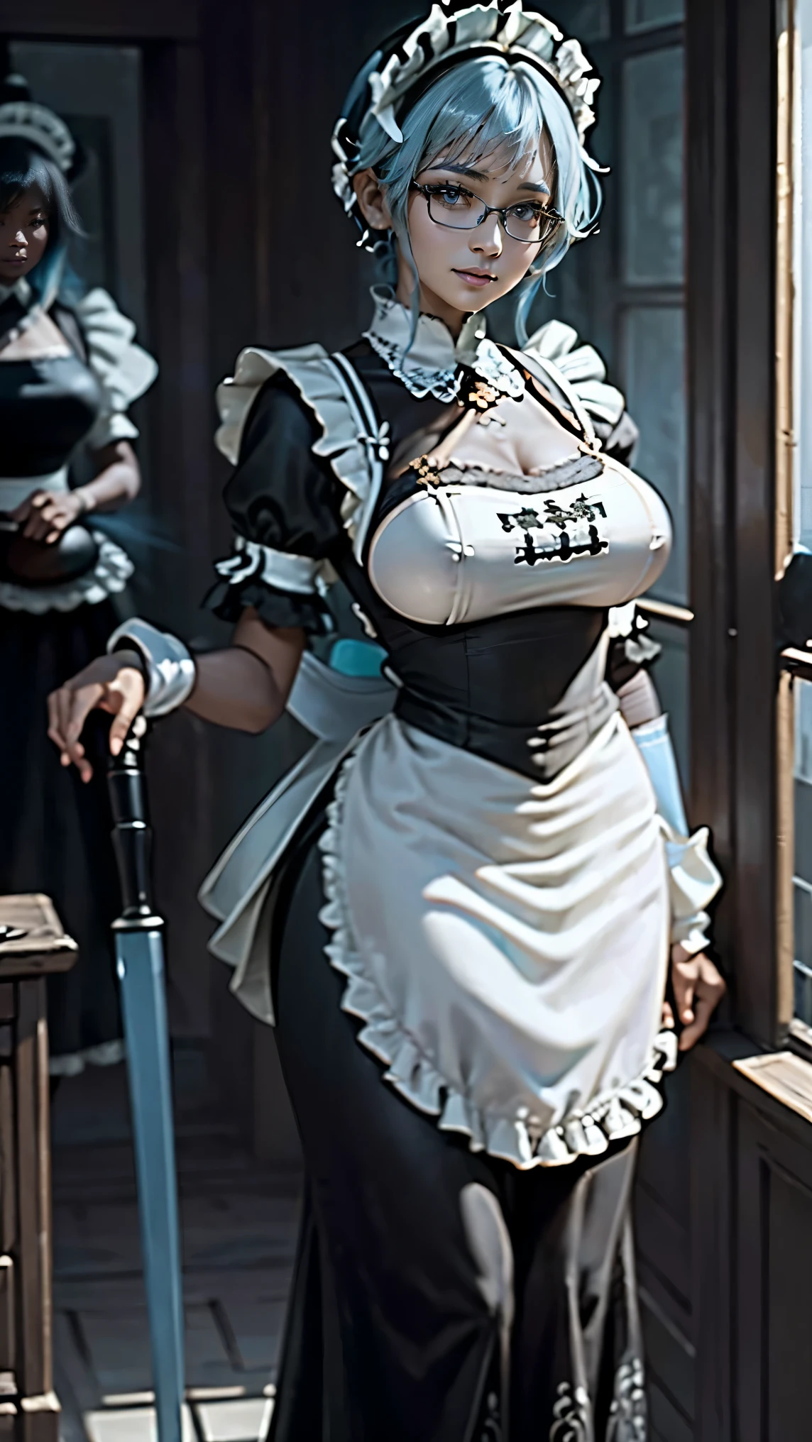 highest quality、masterpiece、8k、Realistic、超High resolution、Very delicate and beautiful、High resolution、Cinema Lighting、medium range shooting、Portraiture、Perfect female body、Physically slim:1.6、Opposition、Looking at the audience、((Maid from Another World、(Black and white maid outfit:1.6)、Lace Apron、Ruffled headdress、White gloves、Glasses、Neat hairstyle))、(Light blue hair:1.6、Big Breasts:1.4)、A kind smile、Sharp insight、Cleaning tools、Silver Tray、polite gesture、Clean shoes、Excellent customer service skills、Secret Undercover Investigation、magic、Faithful Service、Intricate embroidery、Pocket watch、Otherworldly Mansion、Elegant behavior、old saying、Sturdy shoes、Custom-made uniforms、Soft voice、Magic Items、classy attitude、Green Garden、Night patrol、Quiet footsteps、Loyal Family Protector。