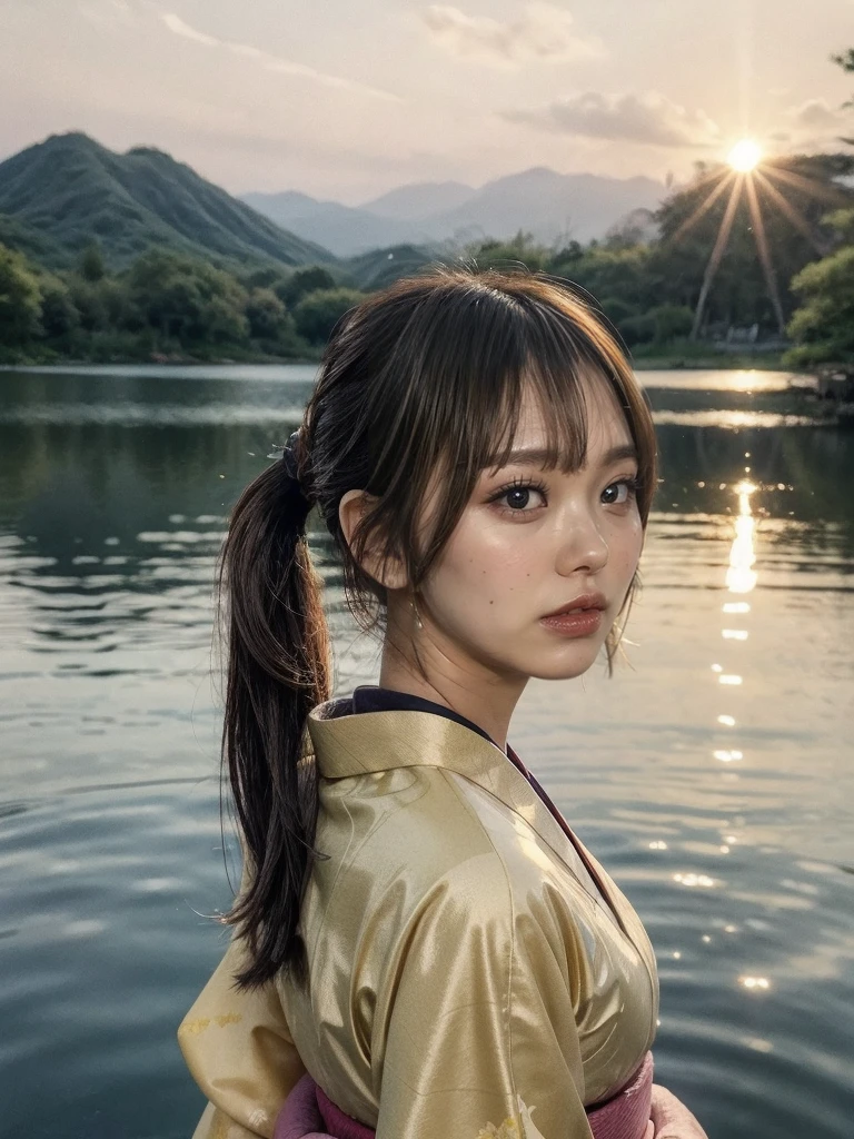 1 girl in a traditional japanese kimono, standing in a lake up to her waist, looking emotionless, her hair in a ponytail, golden-rimmed black kimono, yellow eyes reflecting the sunset, sunlight on her face, slightly turned to the side