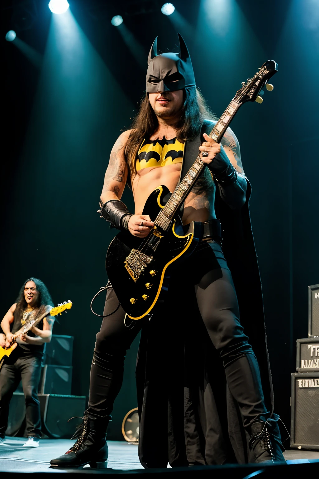 artitas de thrash metal, con el traje de batman en concierto que se vean varias intregfrantes 5 fotos

