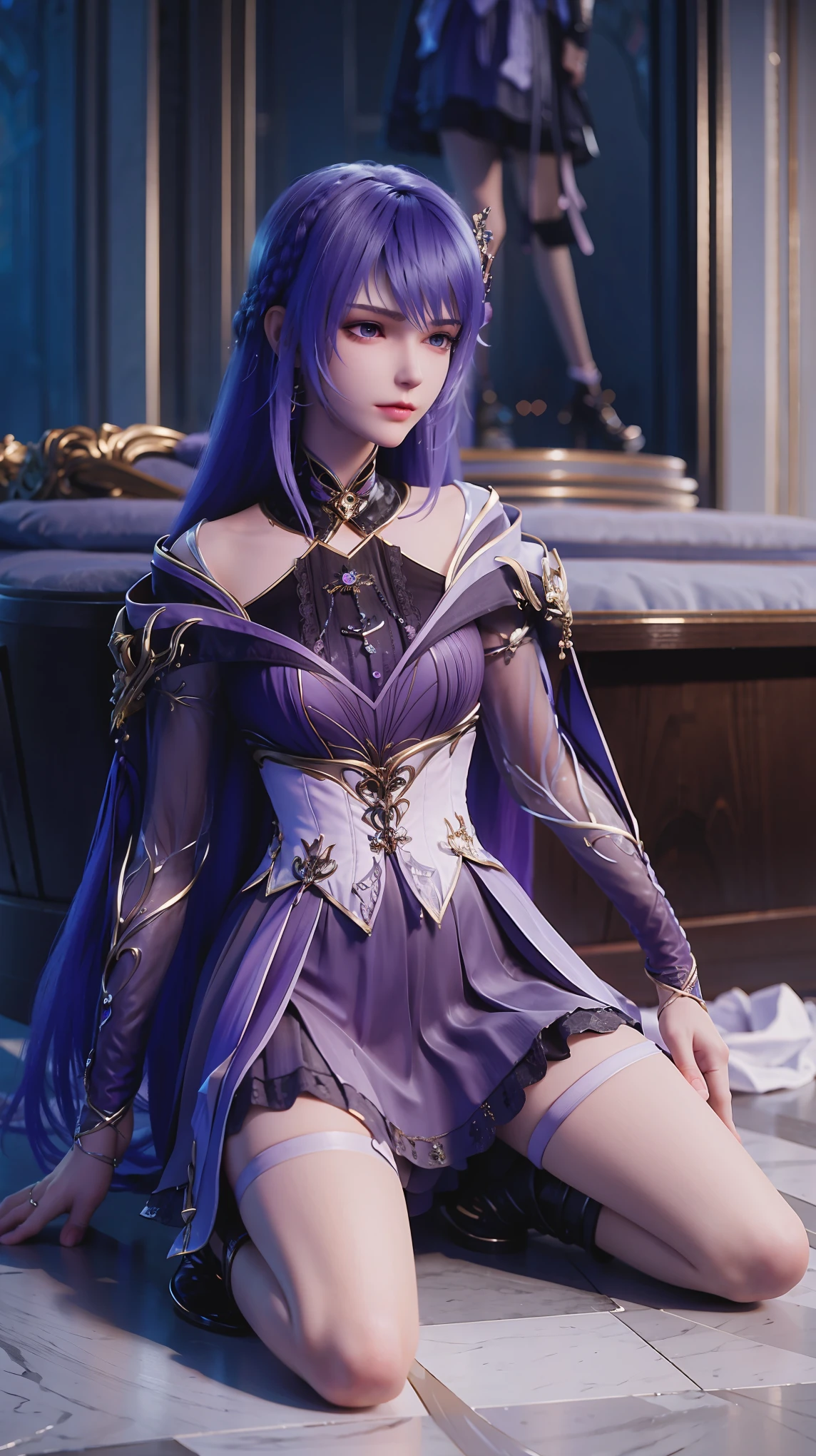 best quality,masterpiece,The Ultimate Solution,Fluffy,Extremely colorful,Mature beautiful woman,(Dress school uniform),Lace skirt,(Beautiful woman beheaded),Normal posture,(Kneeling),Kneeling on the bed,shackles,Beheading,collar,White stockings ,High heel,Normal posture