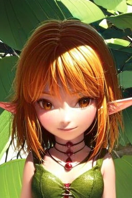 ELF EARS, LEAF COSTUME, GINGER HAIR, 1girl, solo, upper body, facing viewer, looking at viewer, smile,