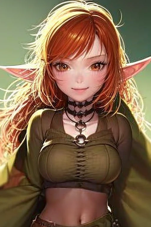 ELF EARS, LEAF COSTUME, GINGER HAIR, 1girl, solo, upper body, facing viewer, looking at viewer, smile,