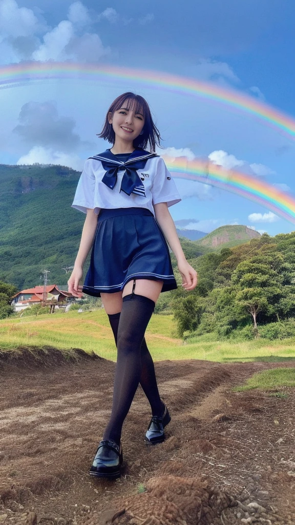 Detailed face, Cute Face, masterpiece, highest quality, Very detailed, shape, Wide-angle, (A female student is walking on a Slope to the mountaintop,uphill:1.25), alone, whole body, 20th generation, (short hair,Blue Sailor Suit,bow, Calvin Klein black stockings:1.35) ,(Sky after rain、A rainbow appears,rainbow background:1.35), composition, balance, Harmony, rhythm, color, Light, Shadow, reflection, refraction, tone, Contrast, prospect, Middle Way, background, Naturalistic, Figurative, Expressive.、(Droopy eyes, Natural Makeup、Ultra-high definition beauty face:1.25)、(Ultra high resolution perfect beautiful teeth, Mid-chest, Tight waist, smile:1.15)、Ultra HD Shining Eyes、Super high quality glossy lip