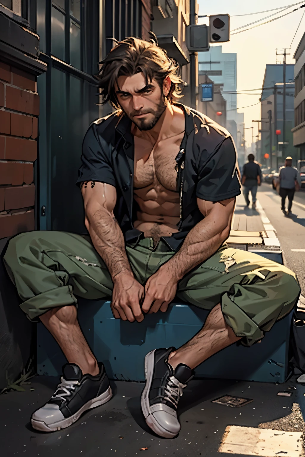 1 homeless man, (white trash) scum, skinny with defined muscles, fair-skinned, dirty, very handsome, with a scruffy beard, messy hair, wearing tattered and torn clothes, chest exposed, living on the street. He is posed sitting and shivering, begging for money. The setting is a dirty street. High-quality image.