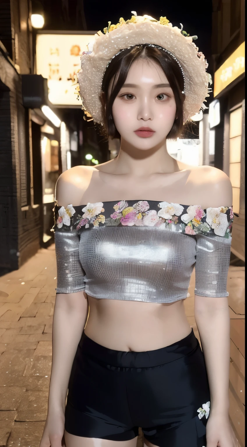 ((best quality, 8K, masterpiece: 1.3)), (Flower Hat: 1.3), focus: 1.2, Perfect body beauty: 1.4, Hips: 1.2, (Layered Hairstyle: 1.2)), (Dark Street: 1.3), Highly detailed face and skin textures, whole body, Delicateeyes, Double eyelids, Skin Whitening, long hair, (Round Face: 1.5), (Loose cropped top, shorts: 1.6)