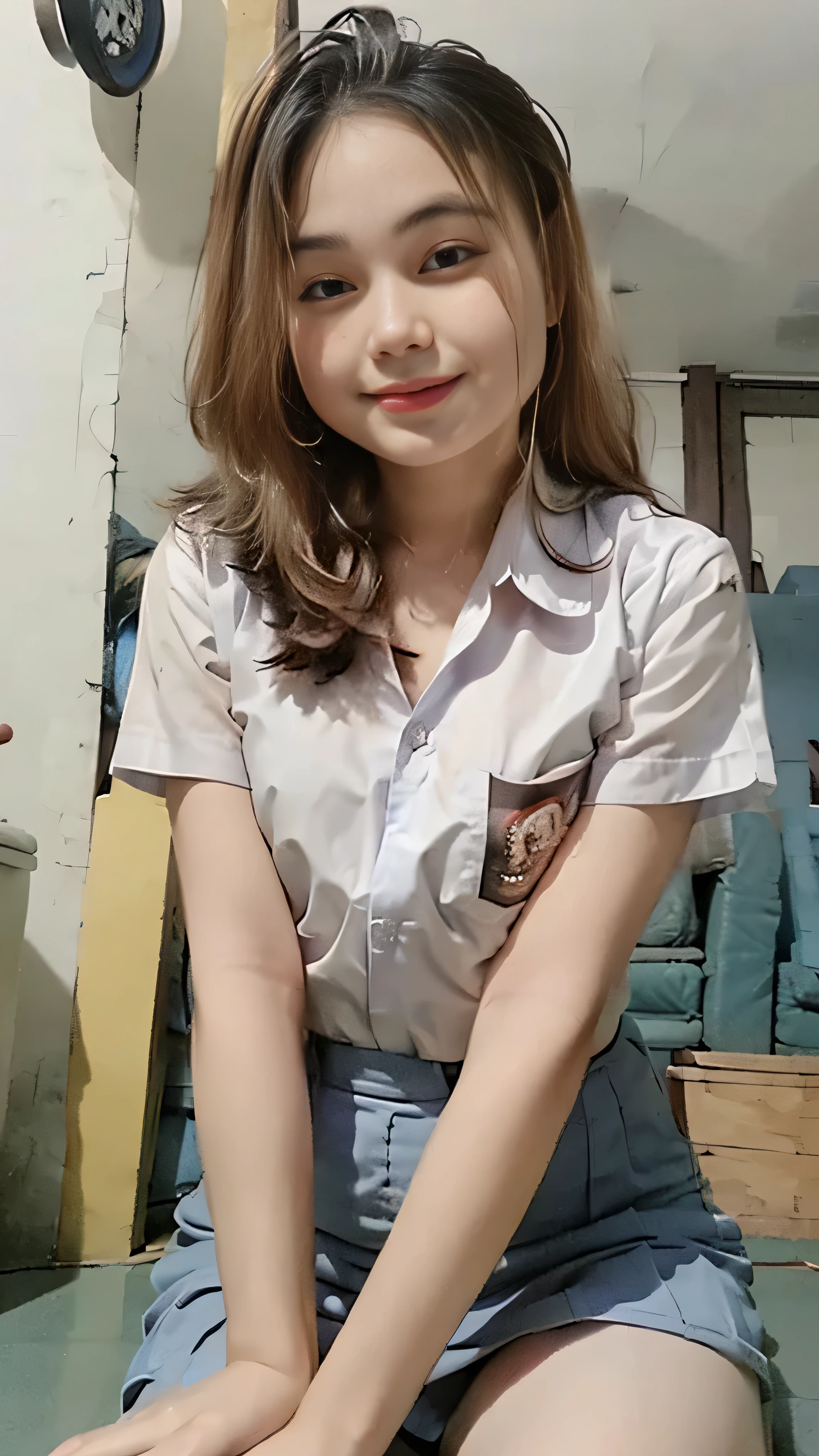 (8k, RAW photo, best quality, mastery:1.3), (realistic, photo-realistic:1.37), (looking viewer:1.331), posing Seductively, living room, soft light, girl, short body, beautiful thighs, smaller chest, brunette hair, long hair, smile, white shirt, short sleeves, blue mini skirt