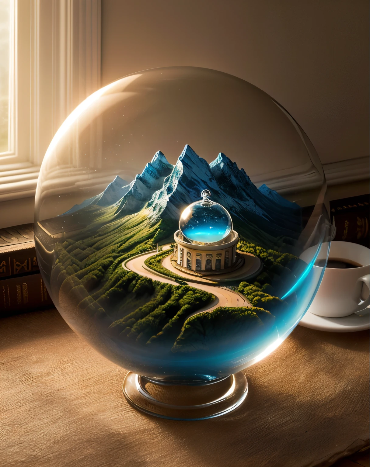 /I A glass sphere shape, filled inside with miniature landscapes fantasy with a giant coffee inside fantasy world; sunrise light creates for stunning pictures