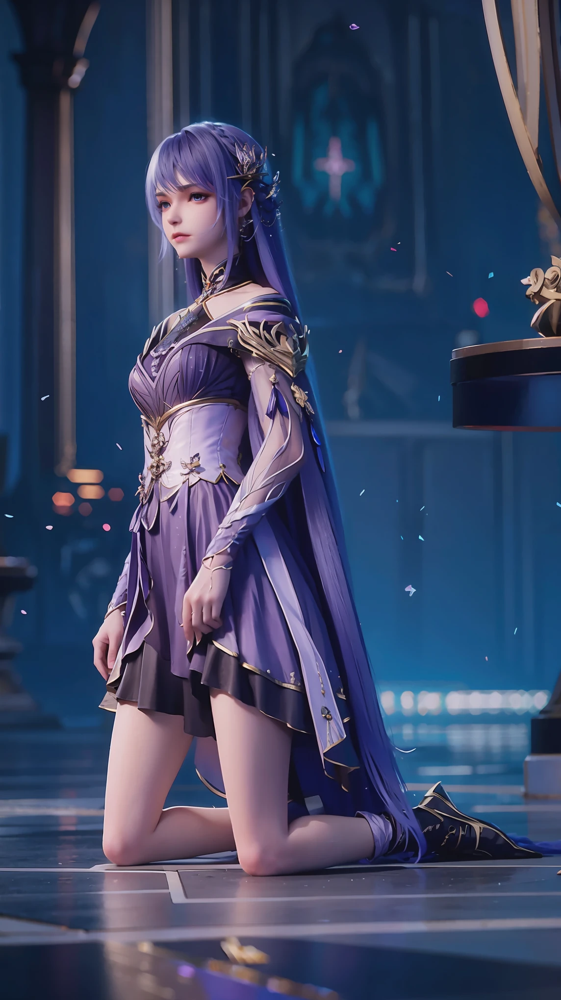 Cartoon woman kneeling on the starry sky, Water splashes at the knees，CG Social Trends, Smooth anime CG art, Starry sky background，Full body view，Royal sister kneeling posture
