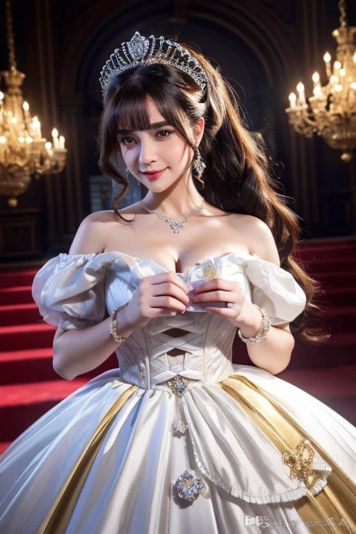 Dramatic composition, court-style dresses, royal, gorgeous, cascading frills, ruffles, bows, crystal chandeliers, Roman curly hairstyles, ponet, double ponytails like drills, look at the camera, bangs, maximalism, palatial background, delicate portrayal of hair and eyes, princess dresses, gorgeous skirts, flowers in hand, smiles, starry eyes, cinematic light, extreme detail, high definition, happy girl, very long hair, diamonds, broken diamonds, crystal fragments, light particles
