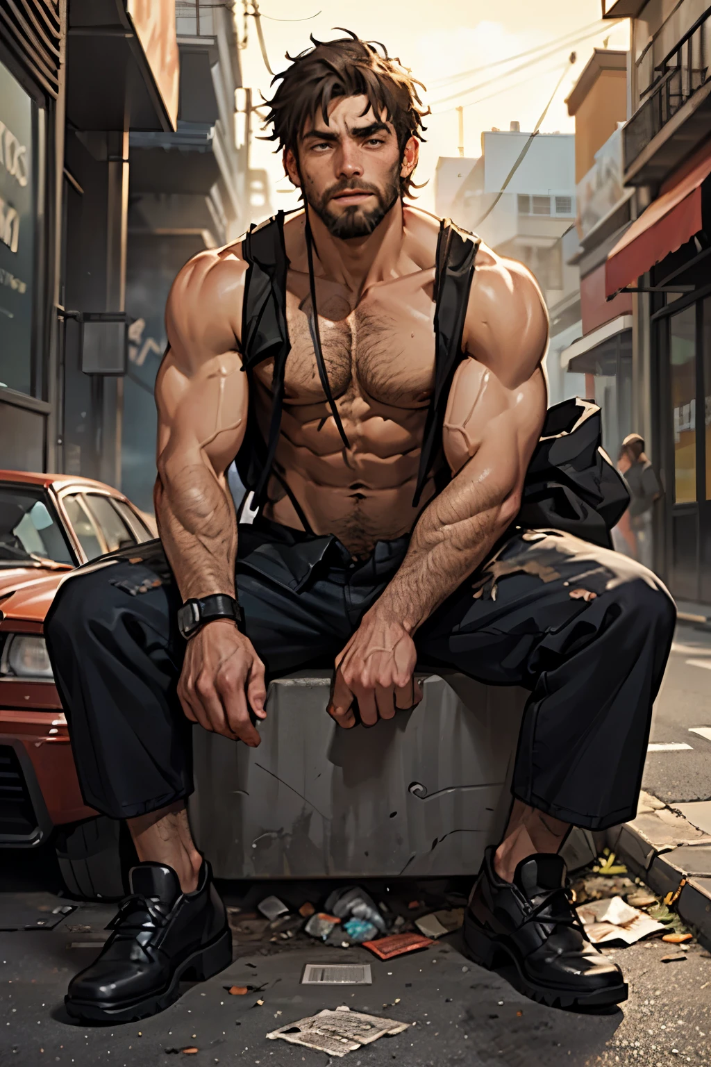 1 homeless man, (white trash) scum, skinny with defined muscles, fair-skinned, dirty, very handsome, with a scruffy beard, messy hair, wearing tattered and torn clothes, chest exposed, living on the street. He is posed sitting and shivering, begging for money. The setting is a dirty street. High-quality image.