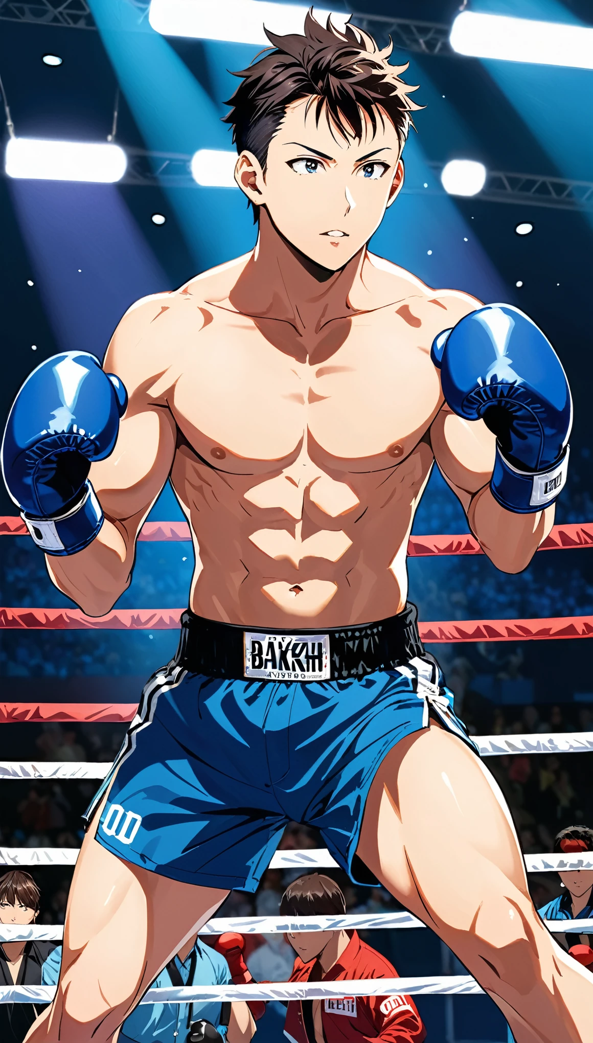 (in style of Takeshi Obata:1.3),
boxing posing, dynamic action, expressive action,boxing boy fullbody portrait,blue boxing gloves,puffy eye sockets,bruising of the cheeks,boxing_shorts,