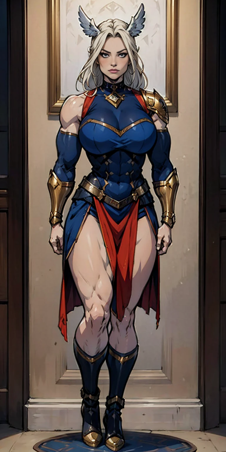 full body standing symmetrical beautiful woman, hyper realistic, 1girl, Asgard, Valkyrie, Lady Knight, correct anatomy, epic fantasy digital art, tmasterpiece, 8k, high definition resolution, detailed drawing, superior quality, epic composition, muscular body, muscular turned arms behind body