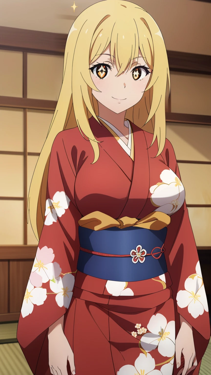 (highest quality, High resolution, 8k, masterpiece: 1.2), Very detailed, (Anime), Misaki Shokuhou, orange eyes, (pupils sparkling:1.2), Beautiful character design, Perfect eyes, Perfect face, Expressive eyes, Perfect balance, smile, blonde, Long Hair, large breast, (Kimono, red kimono, long sleeves, floral print, sash, indoor:1.2),  looking at the camera,(cowboy shot), The gaze camera focuses on the center of the image,