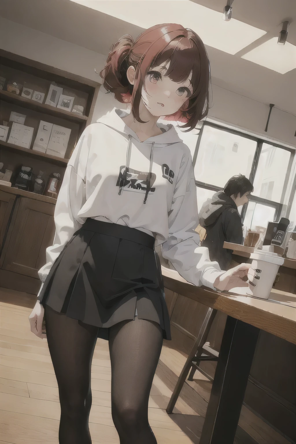 1 girl, Redhead, Updo, Facial hair streaks, Red eyes, mascara, Oversized hoodie, abdomen, hot pants, tights, laced tights, skirt, Sagging under the eyes, Sitting, coffee shop, Ground angle shot, Viewers looking up, feet in tights,  Impact, 8k, masterpiece,