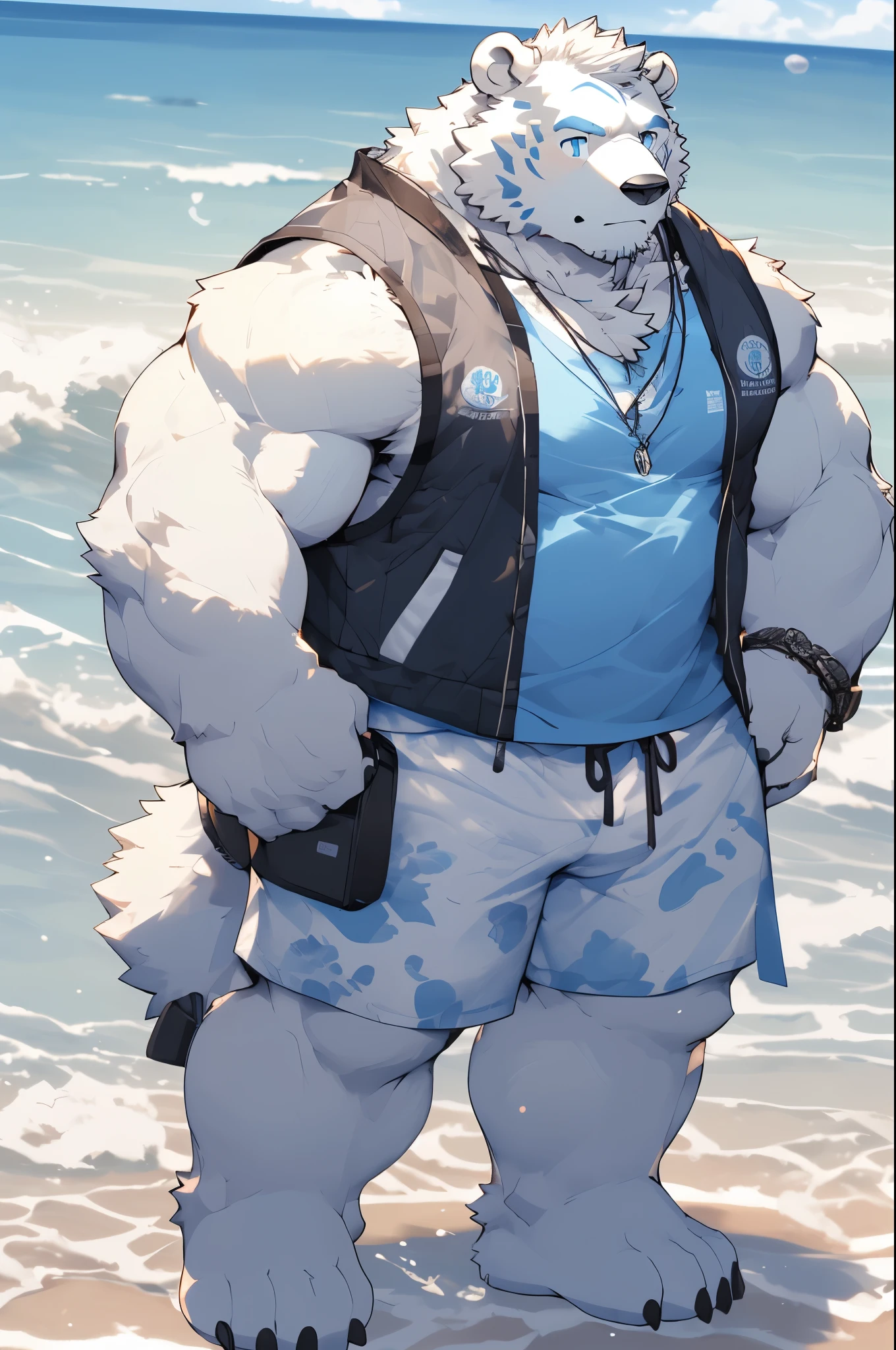 hairy,(Polar Bear,Black vest,Black panties,),Pure white fur,Blue short hair,male,blue eyes,Common,full-body shot,Big Bag,Standing on the beach,Full body details ,Mature,Strong body,Detailed beach background,lifelike ,masterpiece,Very detailed,lifelike