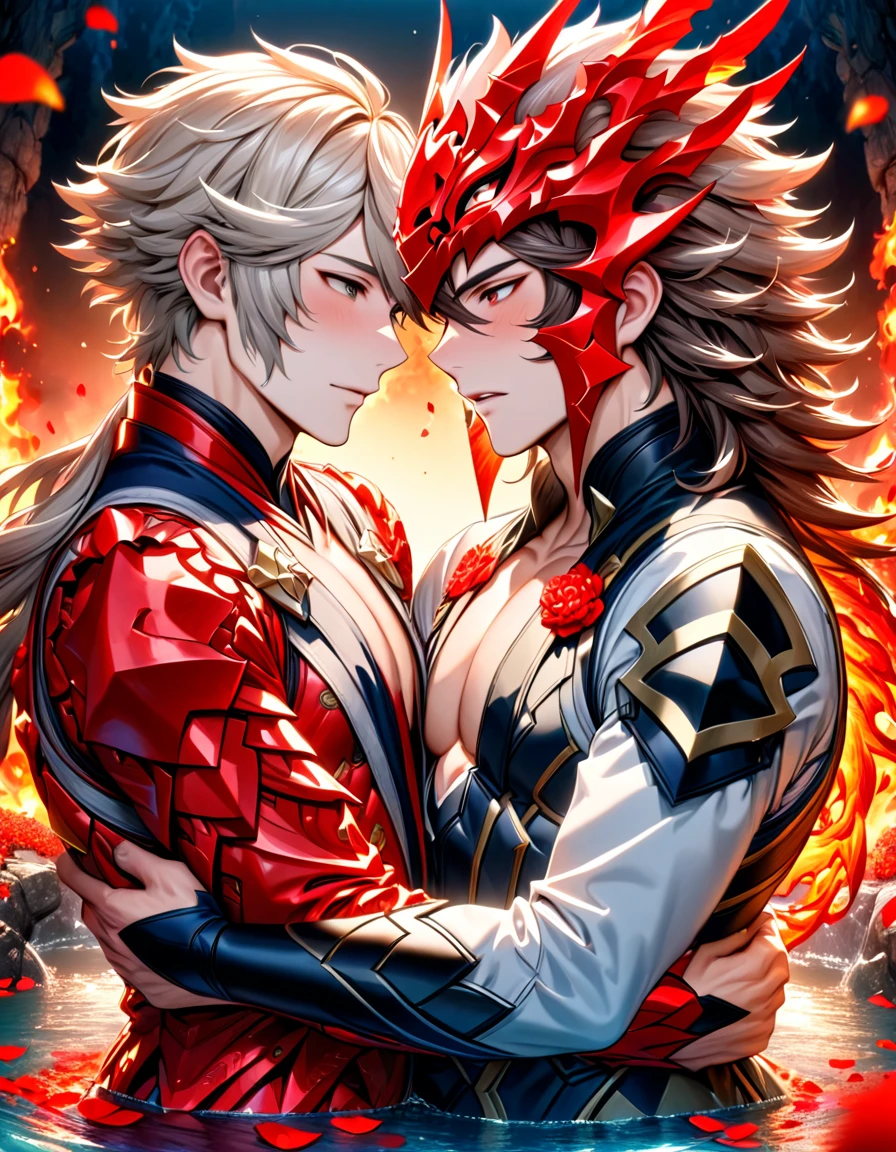 absurdres, highres, ultra detailed, HDR, master piece, best quality, Ryoma, dark brown long hair, expressive brown eyes, fire emblem fates, Corrin, white short hair, expressive red eyes, two sexy men together, gay couple, yaoi, handsome, water, red butterflies, red flowers, red petals