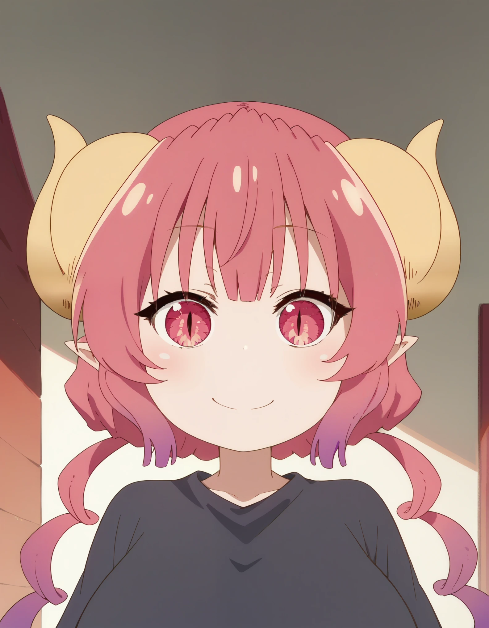 score_9, score_8_up, score_7_up, source_anime, anime screencap, no shirt, upper body, smile ,large breasts, ilulu, dragon girl, long hair, pink hair, dragon horns, pointy ears, multicolored hair, red hair, bangs, slit pupils, naked, nude,
